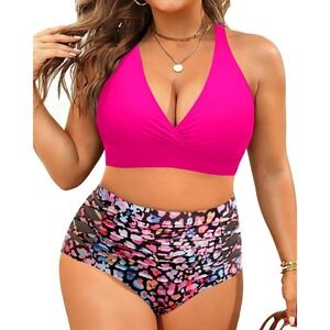 YONIQUE 2 Piece Swimsuit 18W Pink Floral High Waist Bikini Plus Size NWT